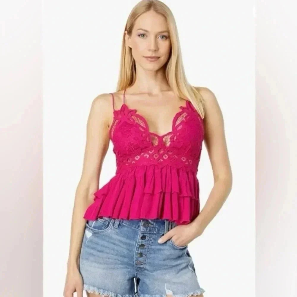 Free People Intimately Adella Ruffled Lace Cami‎ Rose Hypnotic Pink Medium